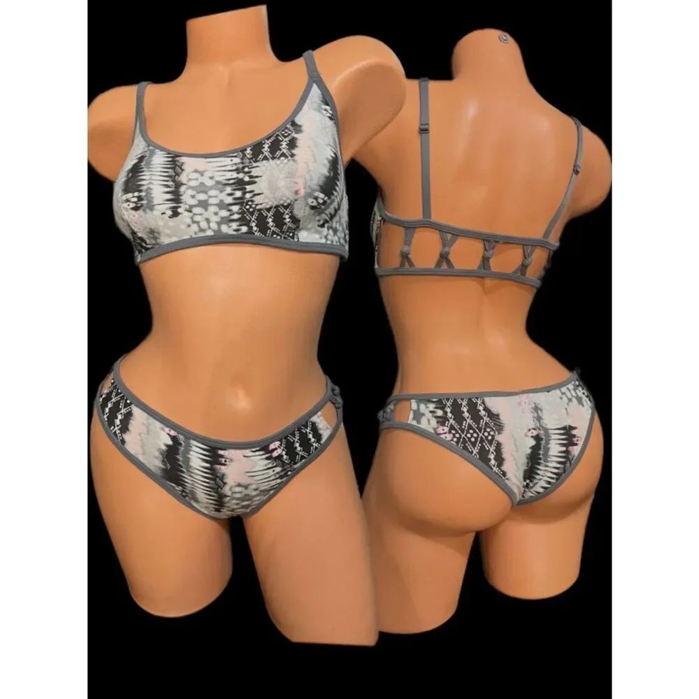 Victoria’s Secret Set sexy Strappy cotton unlined bralette bra & panty gray M